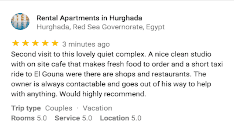 Five Star Review on Google - Book Your Holiday Rental in Hurghada on www.apartmentsinhurghada.com -