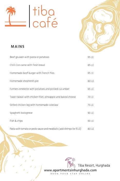 The Menu At Tiba Resort Cafe - Book Your Holiday Rental at Tiba Resort Hurghada Online - www.apartmentsinhurghada.com