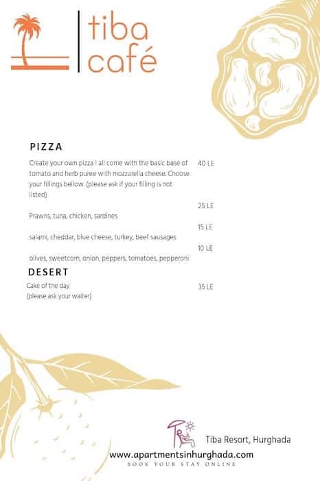 The Menu At Tiba Resort Cafe - Book Your Holiday Rental at Tiba Resort Hurghada Online - www.apartmentsinhurghada.com