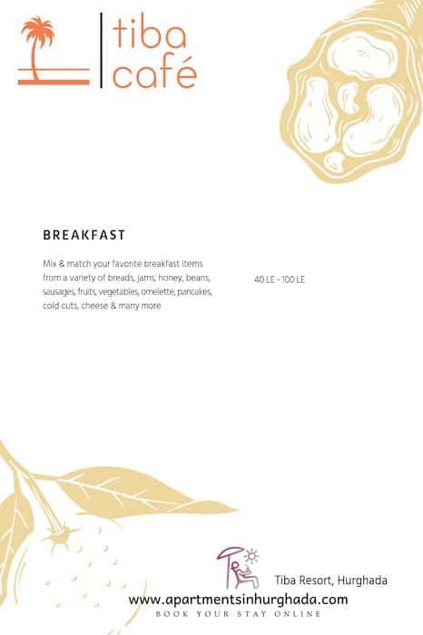 The Menu At Tiba Resort Cafe - Book Your Holiday Rental at Tiba Resort Hurghada Online - www.apartmentsinhurghada.com