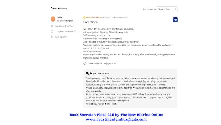 Book Fantastic Vacation Rentals in Hurghada by The New Marina Online - Sheraton Plaza 415 - Free Fast WIFI - www.apartmentsinhurghada.com -